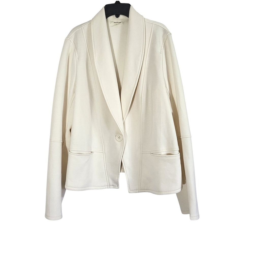 Max Studio Wmn Ivory Soft Knit Preppy One Button Neutral Blazer Large Minimalist